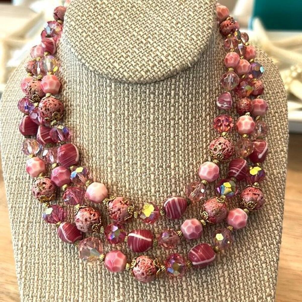 Vintage vendome triple strand crystal beaded necklace gold pink